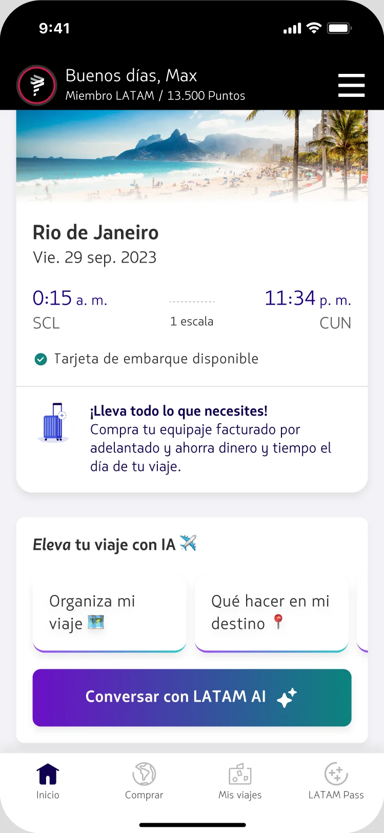 Concierge card with quick replies for a user with an upcoming trip — organise the trip and things to do