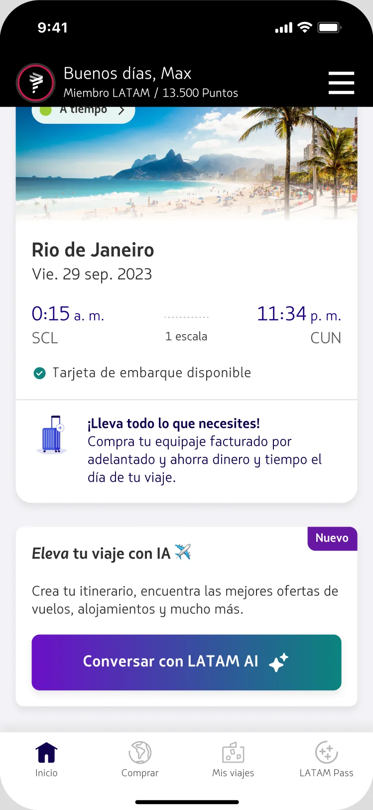 Shipped Concierge card on Home for a user with a next trip — rewritten copy and AA-safe button