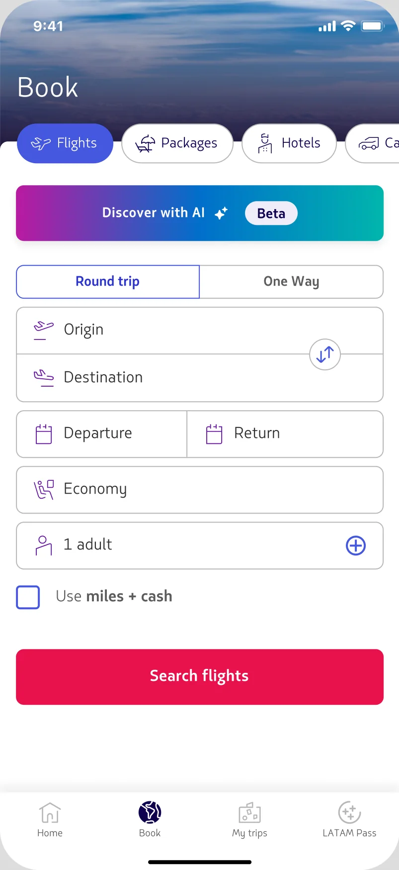 Shop > Flights search screen — original access button reading Discover with AI
