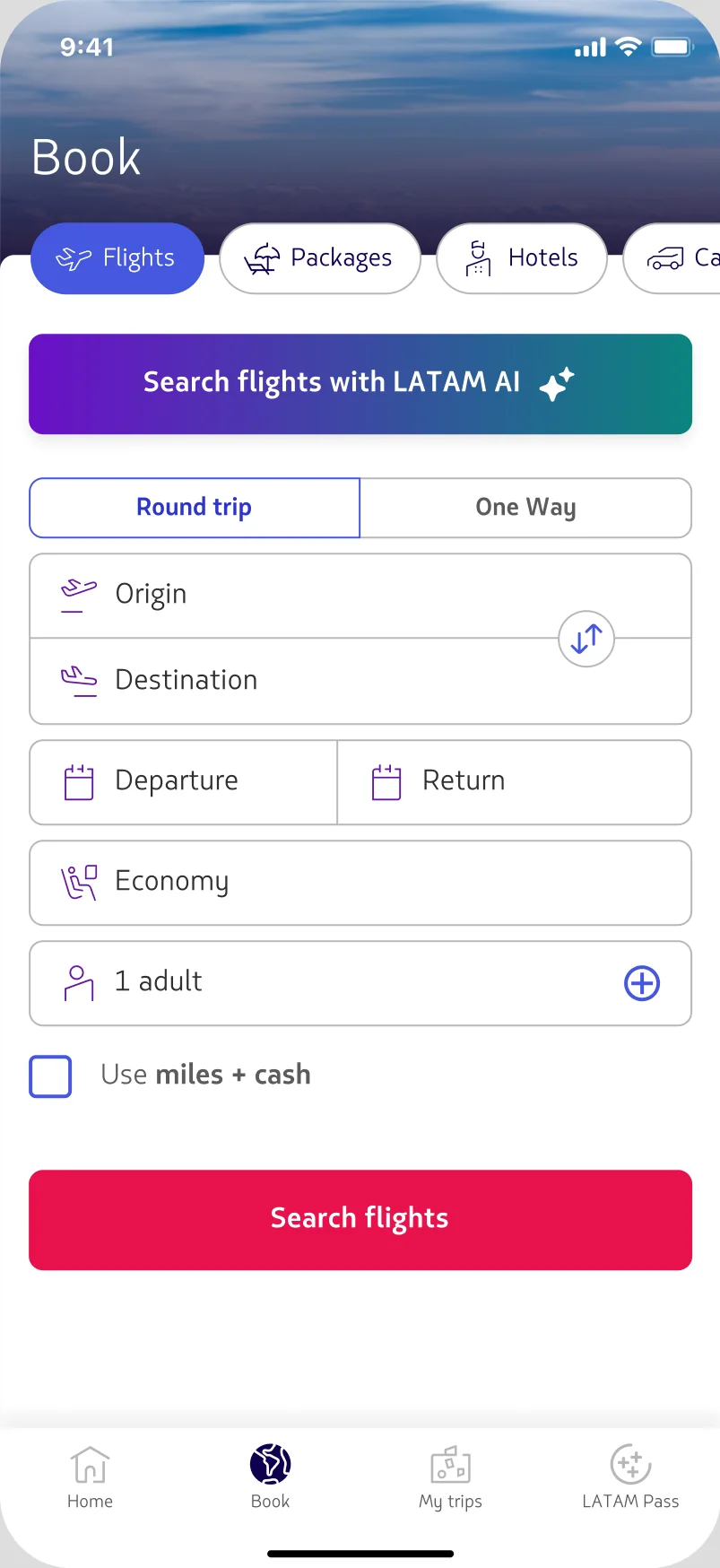 Shop > Flights search screen — rewritten access button reading Buscar vuelos con LATAM AI