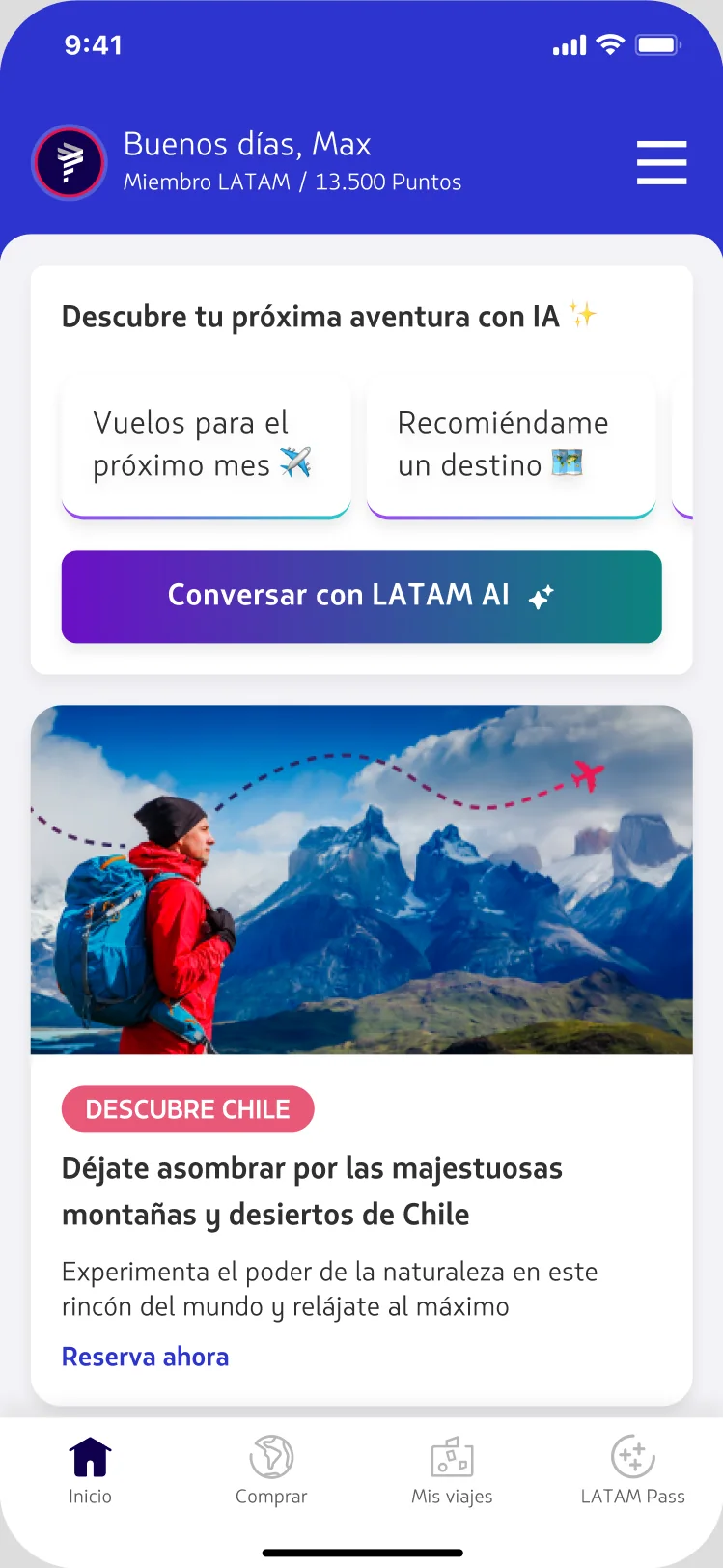 Concierge card with quick replies for a user with no upcoming trip — flights and destination inspiration