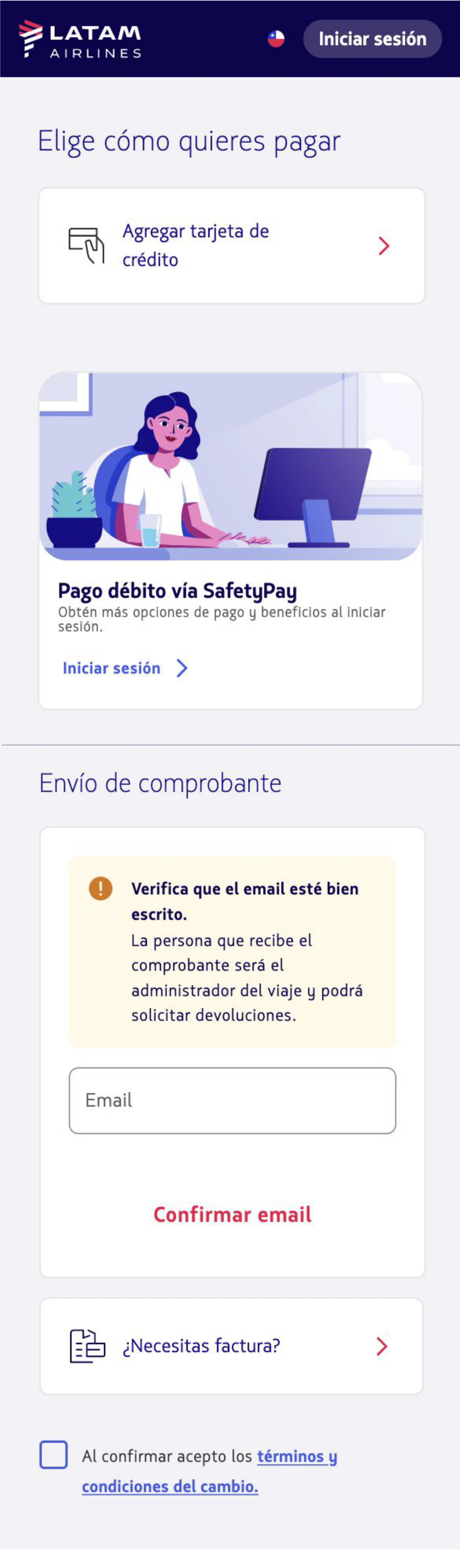 Old LATAM checkout — payment method reached through a separate 'Agregar tarjeta de crédito' row and a SafetyPay banner, no method visible at a glance