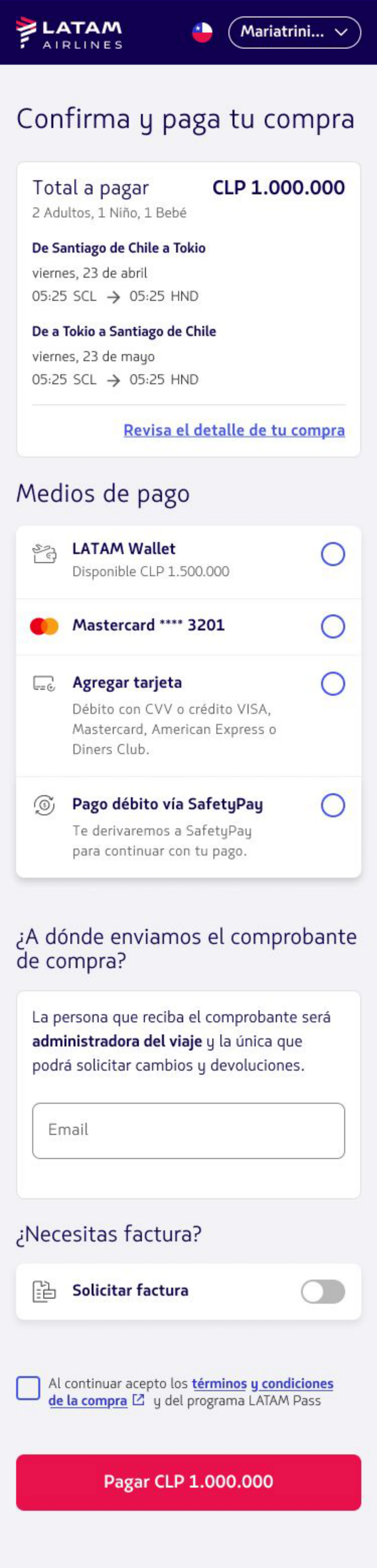 New LATAM checkout — LATAM Wallet, Mastercard, Agregar tarjeta and SafetyPay all listed as one payment-method component on a single page