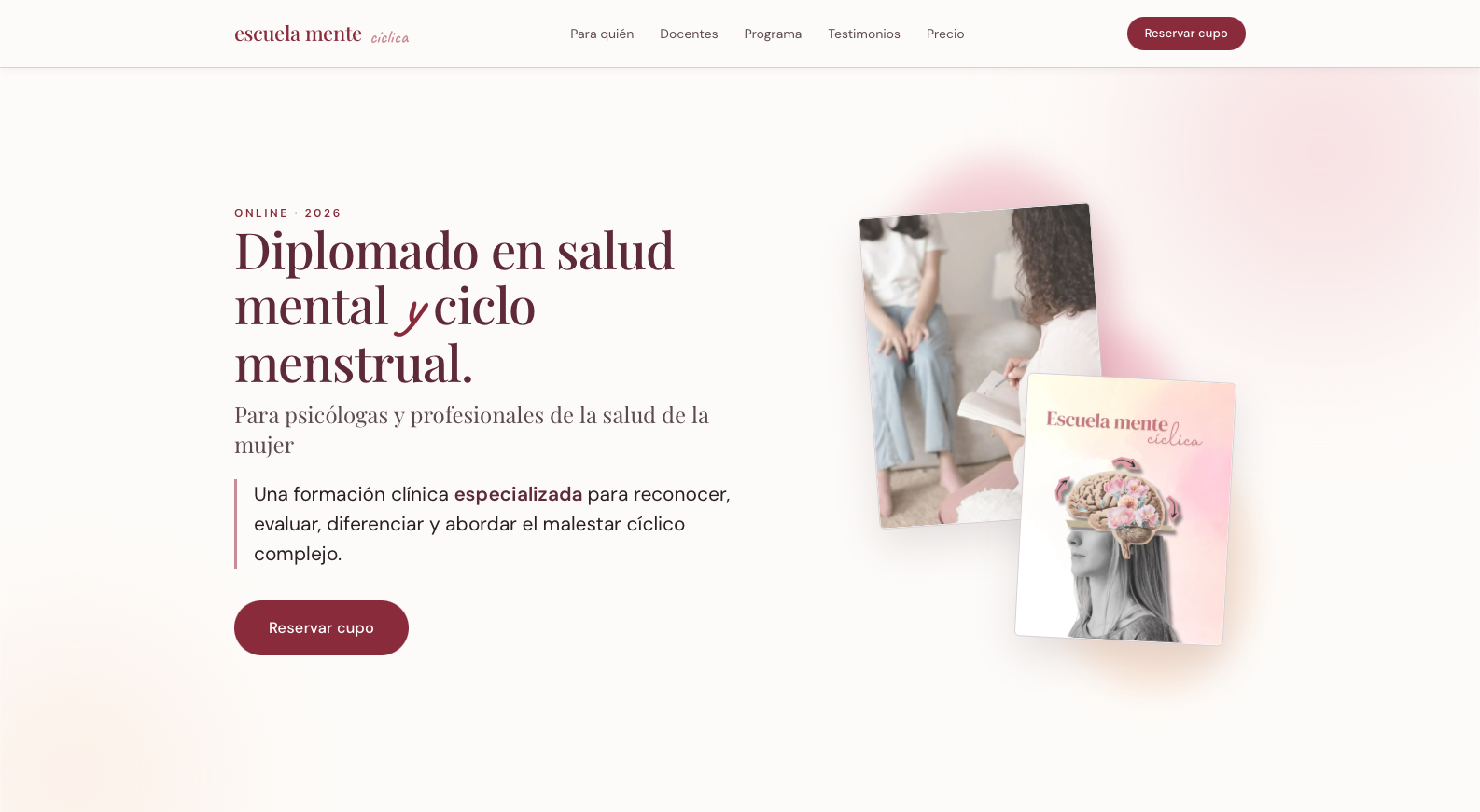 Escuela Mente Cíclica — live landing page, hero section with headline and program imagery
