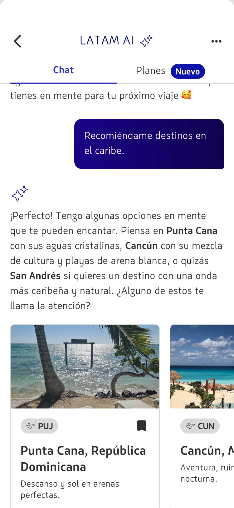 Concierge chat proposing Caribbean destinations as saveable cards