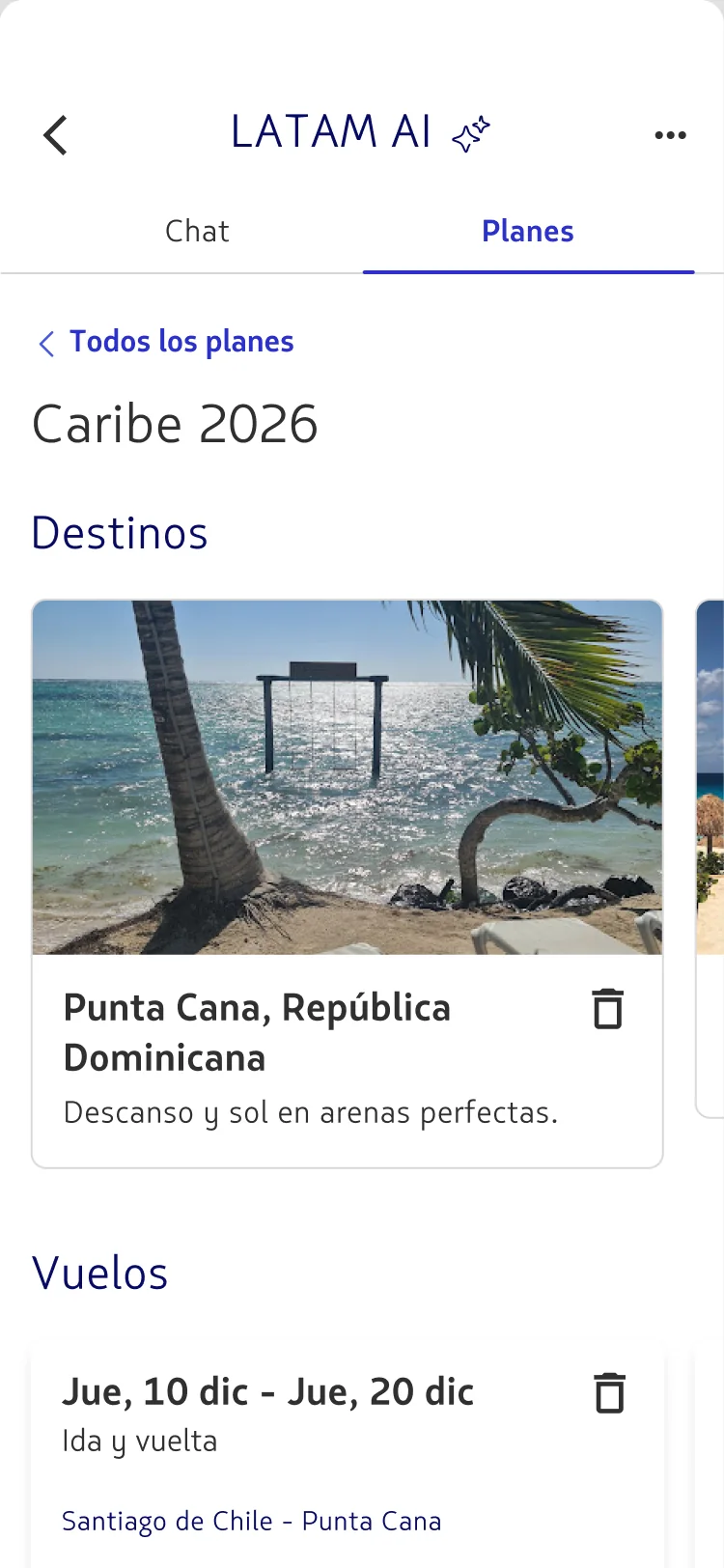 A saved trip plan named Caribe 2026, with destinations and flights grouped together