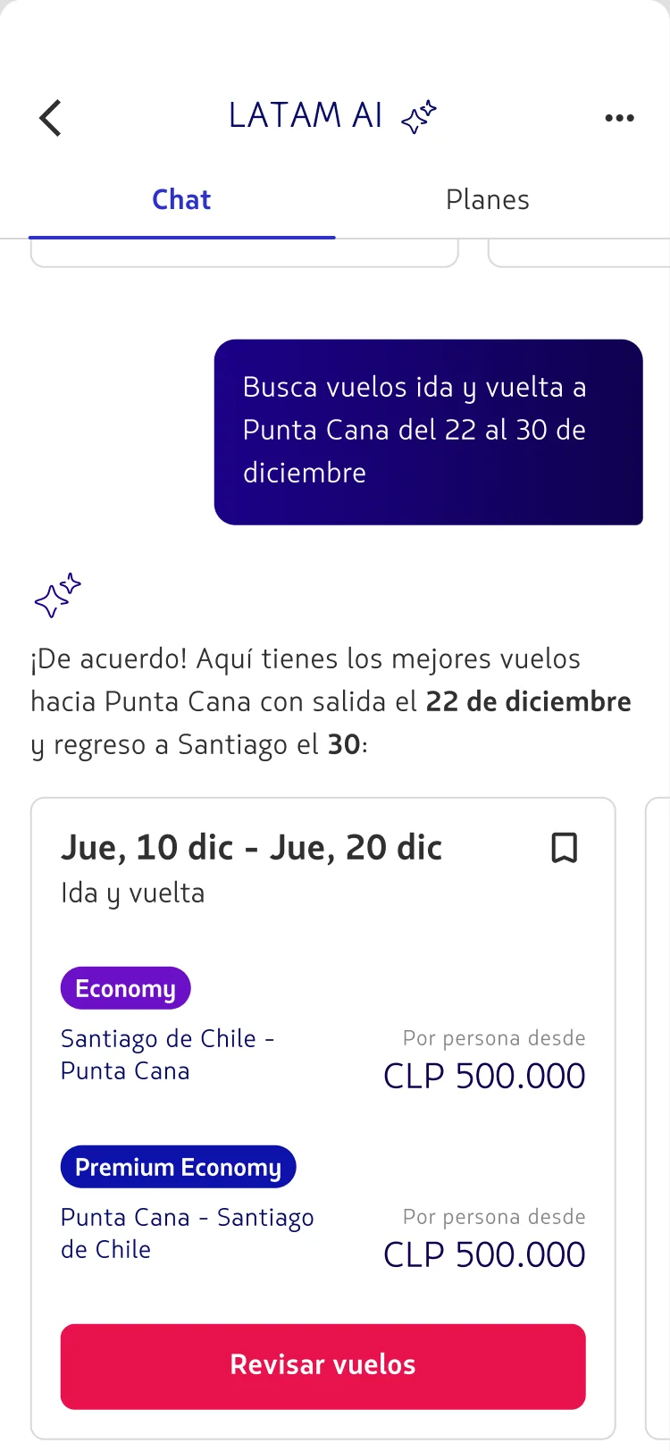 Concierge proposing round-trip flights to Punta Cana as a saveable card