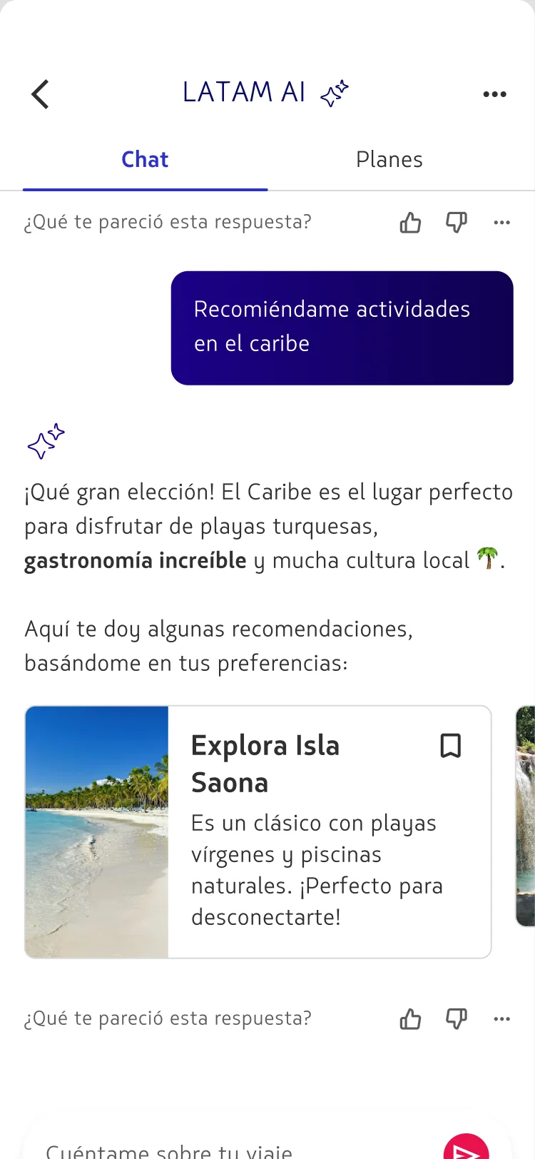 Concierge recommending a Caribbean activity, Isla Saona, as a saveable card