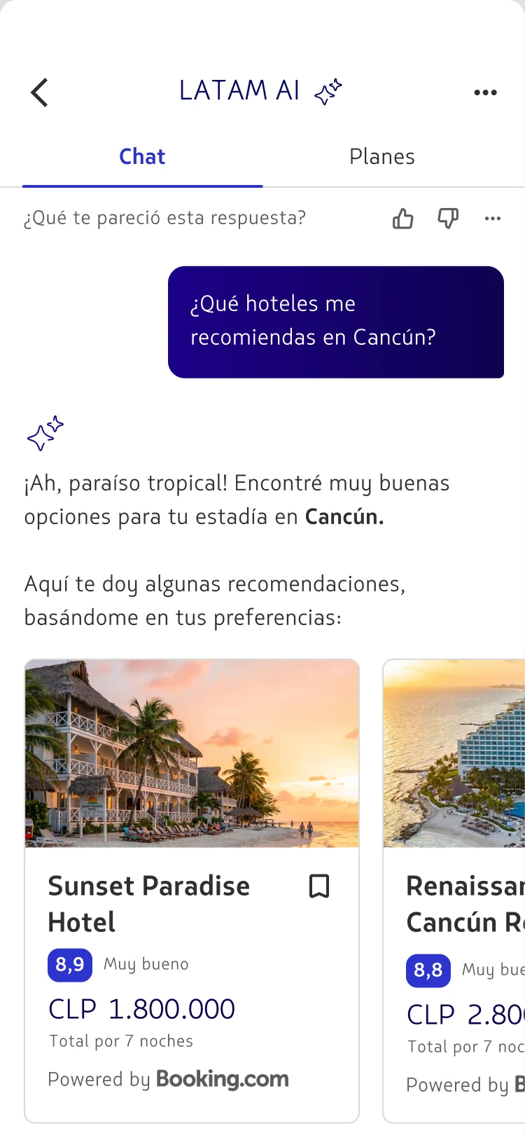 Concierge recommending hotels in Cancún, powered by Booking.com, as saveable cards