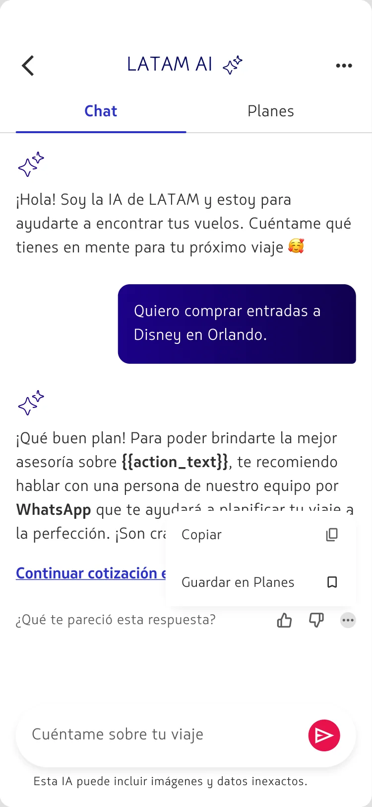 A Concierge chat reply with a Save to plan action alongside continue conversation