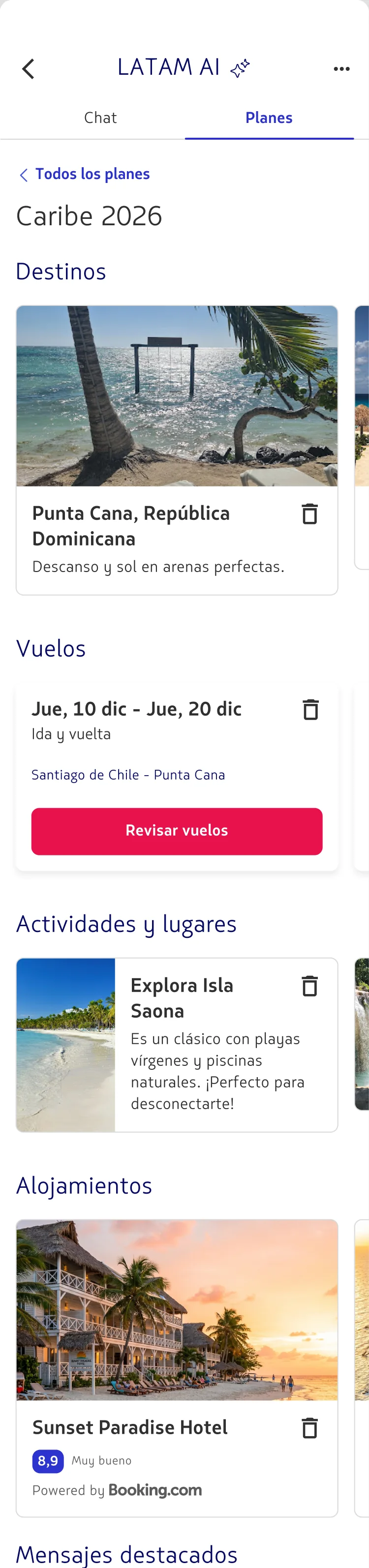 The full Caribe 2026 trip plan, grouping a destination, flight, activity and hotel with highlighted messages
