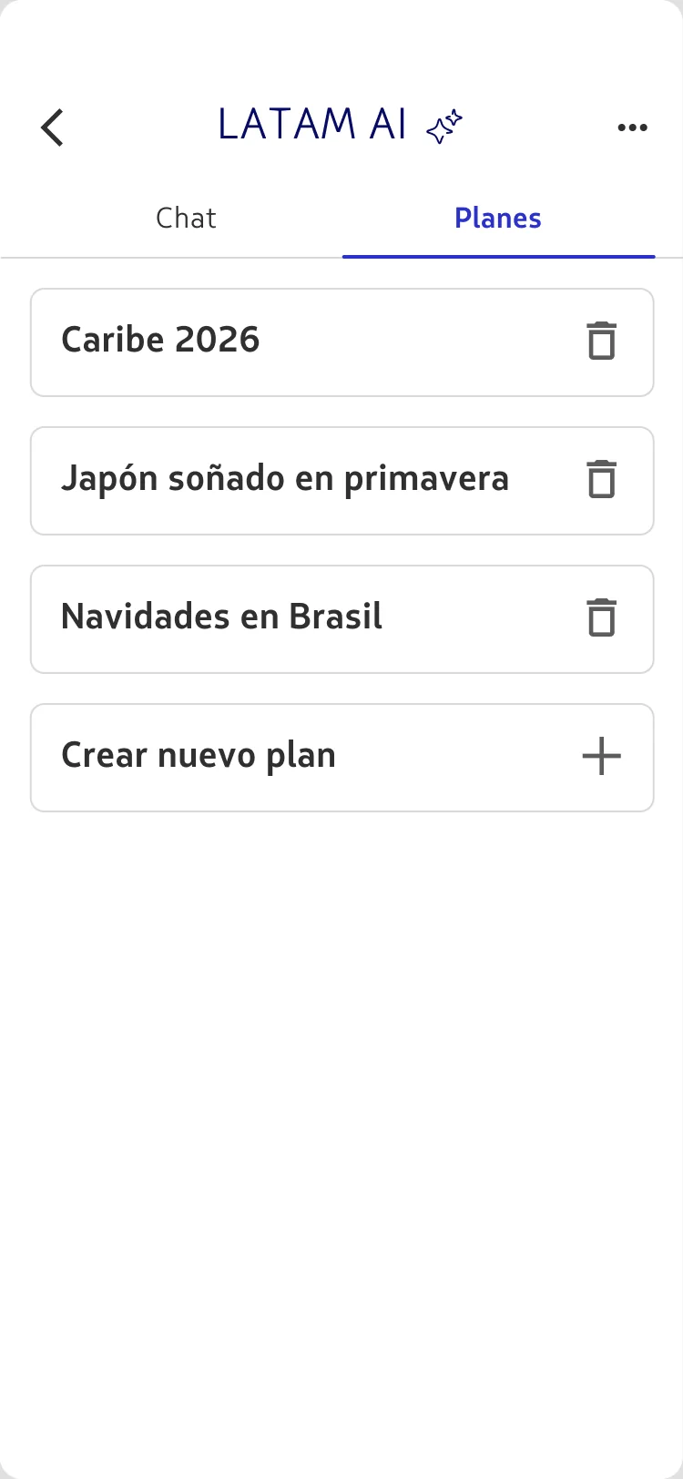 The plans list showing Caribe 2026, Japón soñado en primavera and Navidades en Brasil