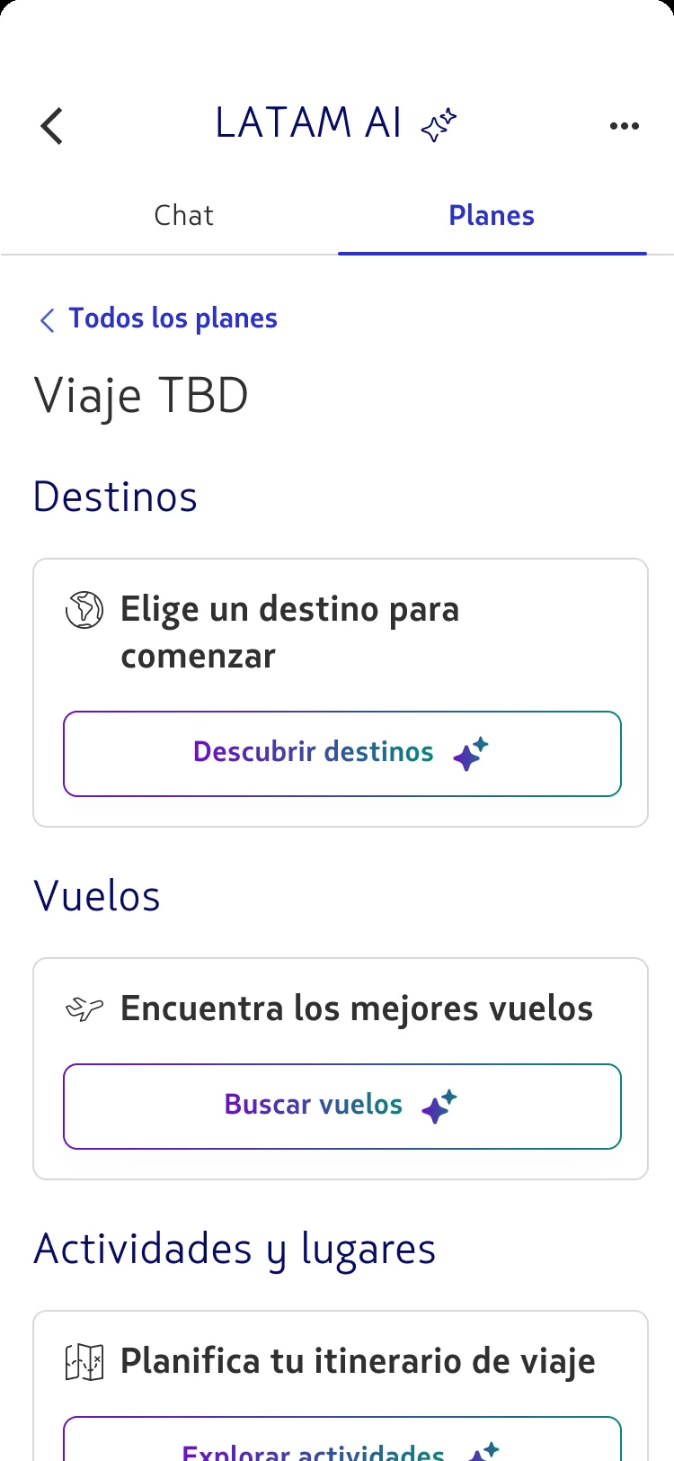An empty plan with per-section prompts guiding the user to add destinations and flights