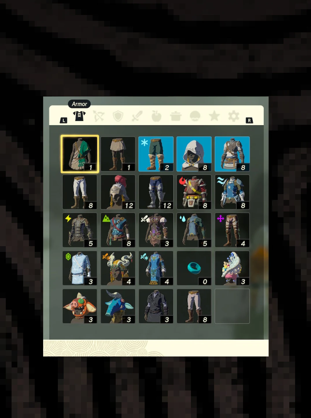 Armor tab — sets invisible