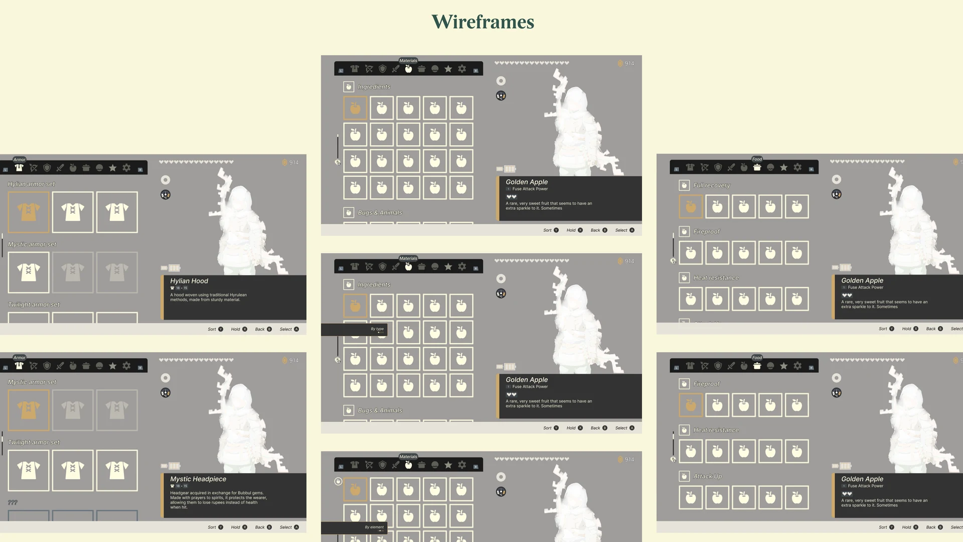 Inventory wireframes — all three tabs grouped